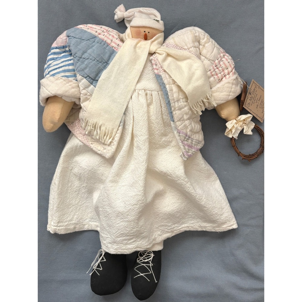 Primitive Folk Art Snowman Doll 17in Vintage Quilt Jacket Flour Sack Dress